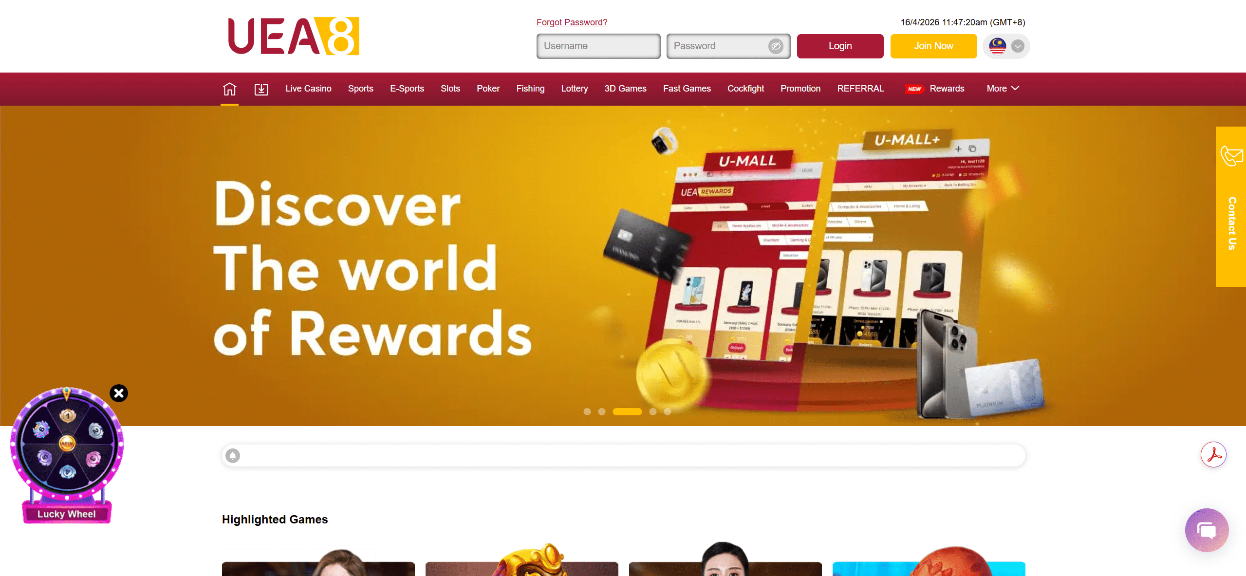 UEA8 Online casino homepage